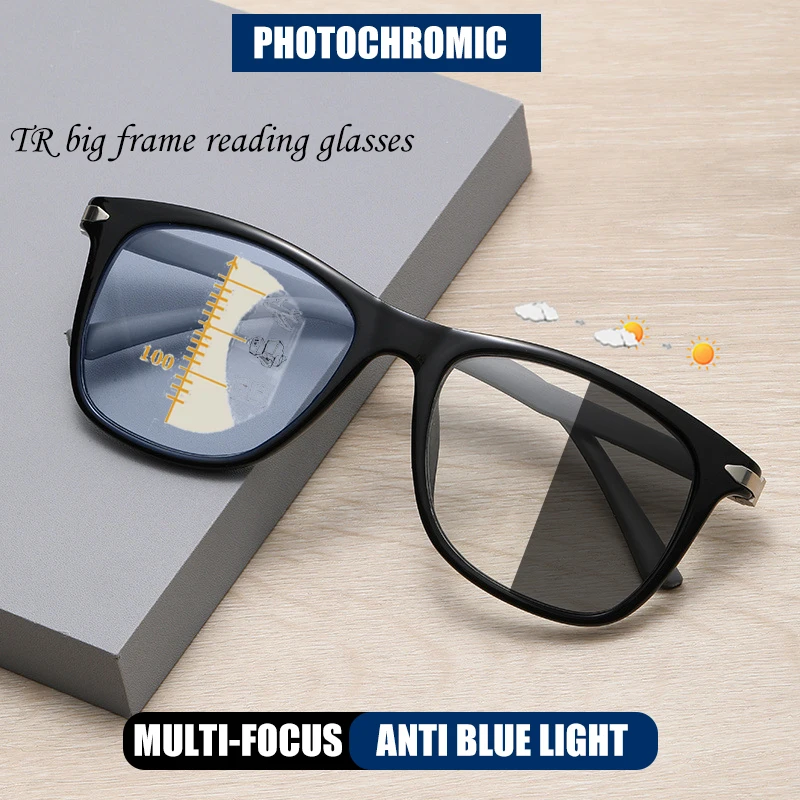 

HUYING Ultralight TR Big Square Progressive Photochromic Multifocal Reading Glasses Men Women Anti Blue Ray Presbyopic Glasses