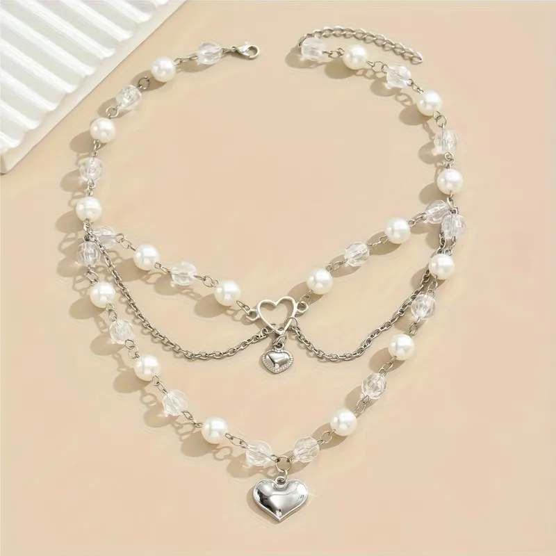 Elegant Multi-Layer Faux Pearl Love Heart Pendant Necklace for Women New Fashion Y2K Choker Party Jewelry Occasions