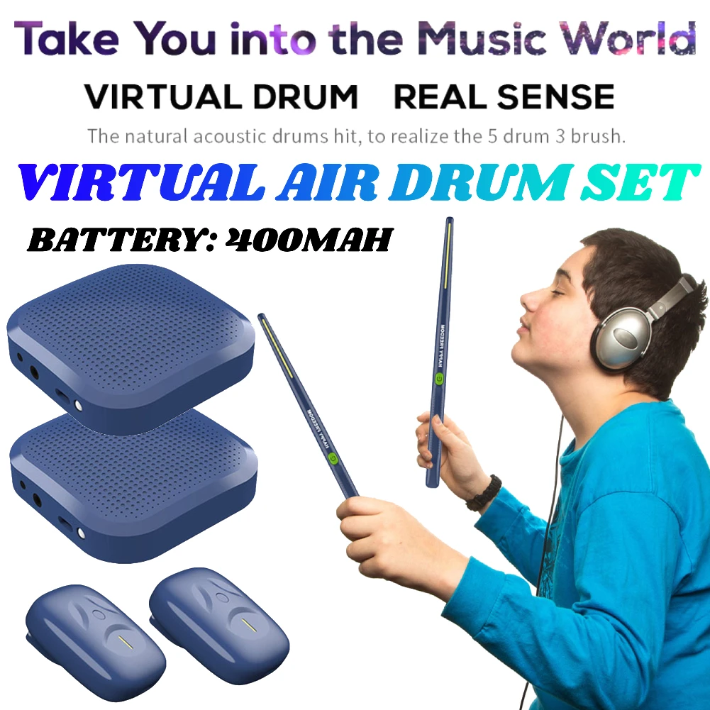 Electric Air Drumsticks Professional Air Drum Electronic Virtual Drum Drumsticks Pedals Pocket Set for Adults Kids Gift