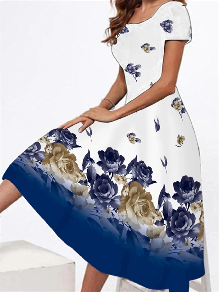 

New Women’s Luxury Dresses Summer 3d Flowers Print Short-Sleeved Skirt Tops Fashion Female Clothes Elegant Casual Ladies Dresses