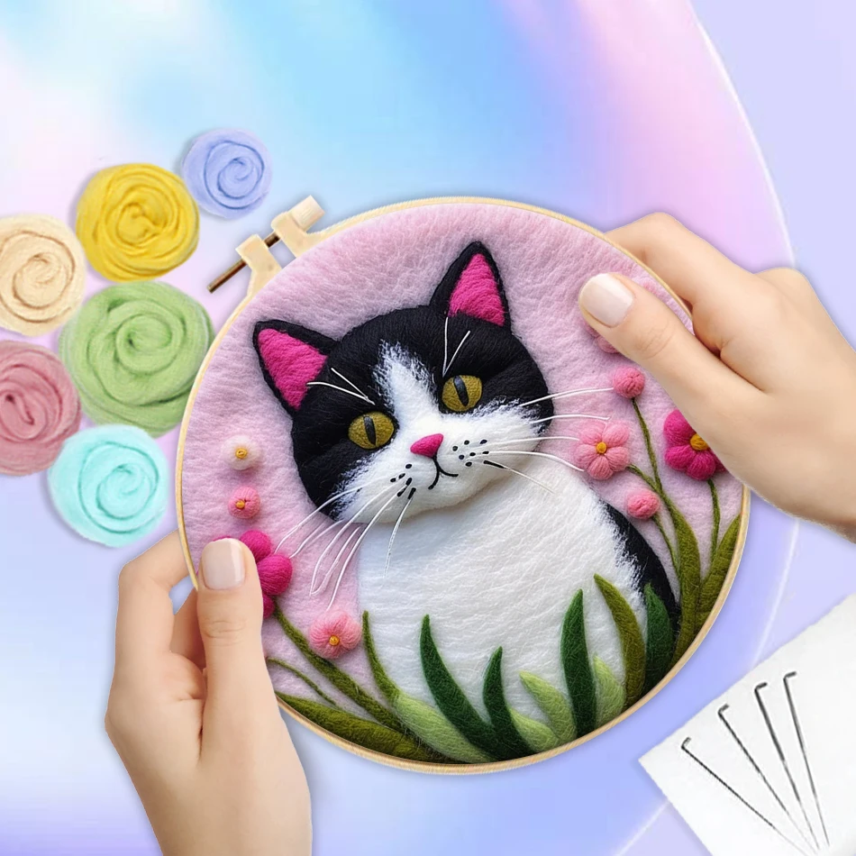 Needle Felting Kit PhotoWool Felting Package Animal Wolf Painting With Frame For Beginner Cat Wool Needle Decor
