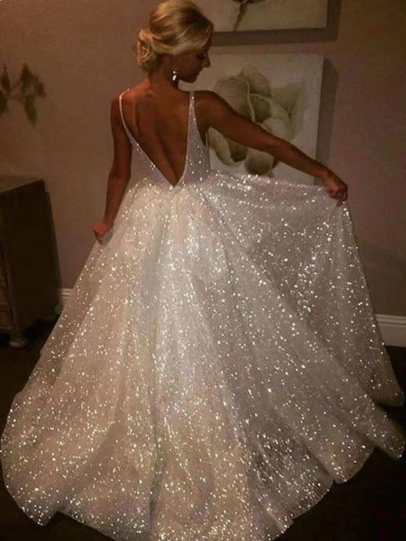 

2023 Beach Glitter Wedding Dress V Neck A Line Bride Party Dresses Vestido De Noiva Gelinlik Arabic Mariee Shiny Bridal Gowns