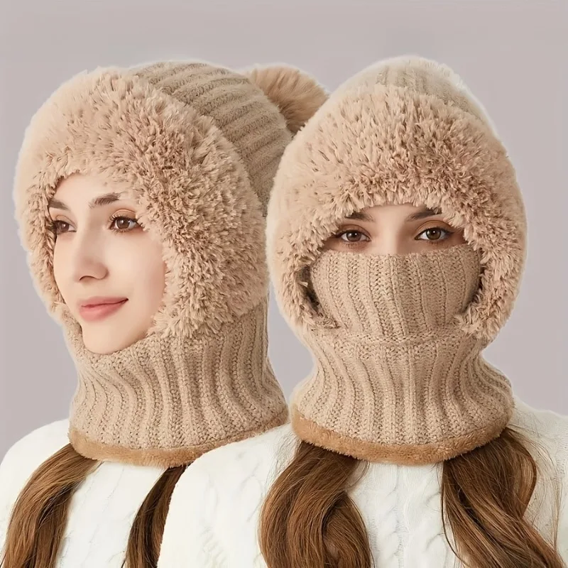 1PC Winter Hat with Ear Flaps, 3-in-1 Beanie Scarf Mask Set, Fleece-Lined Knitted Cap, Windproof Warm Acrylic for Cold Weather