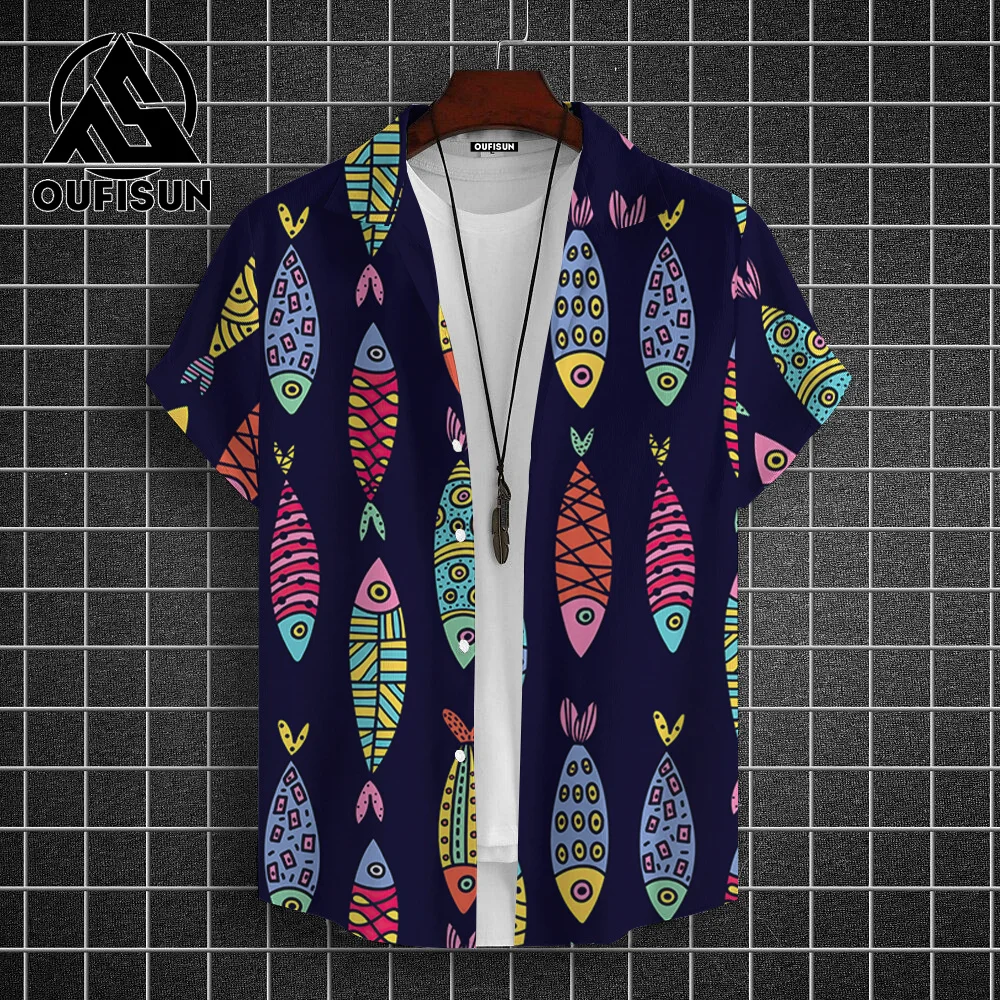 Hawaiian Shirt For Men Beach Casual Men's Short Sleeved Shirts New Cute Fish 3d Print Men's Shirt Oversized Men's Clothing 5xl 4