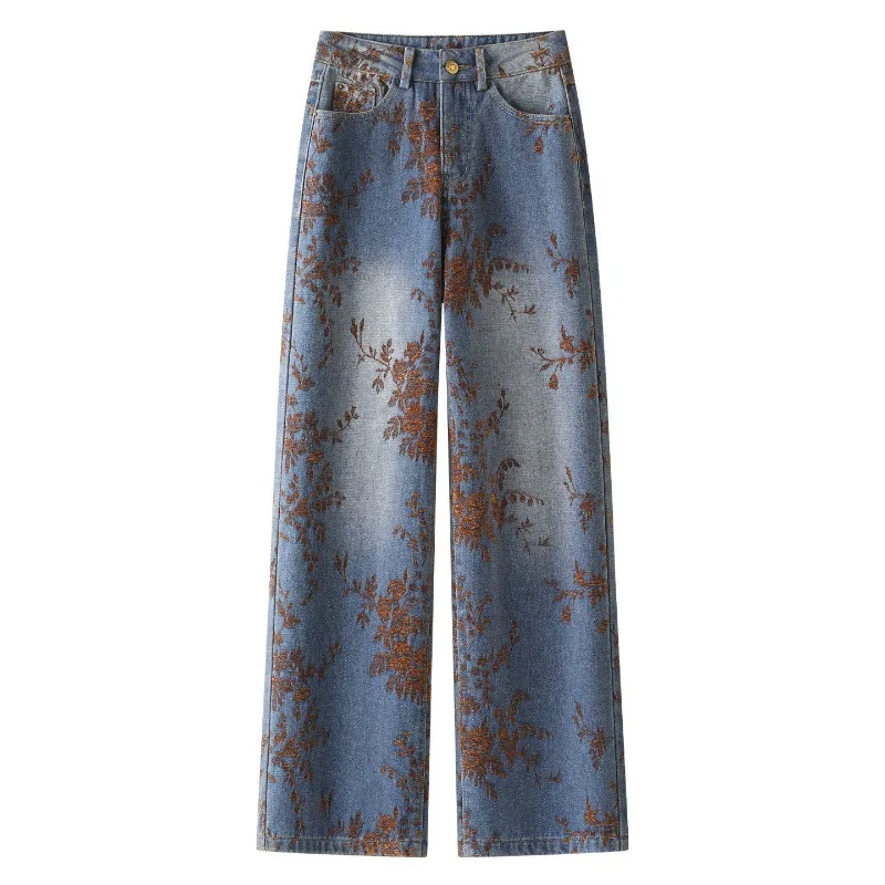 2026 Fashion Jacquard Jeans Women's Vintage Washed Denim Straight Trousers Autumn Winter Loose Casual Pants Comfy Wide-leg Jeans
