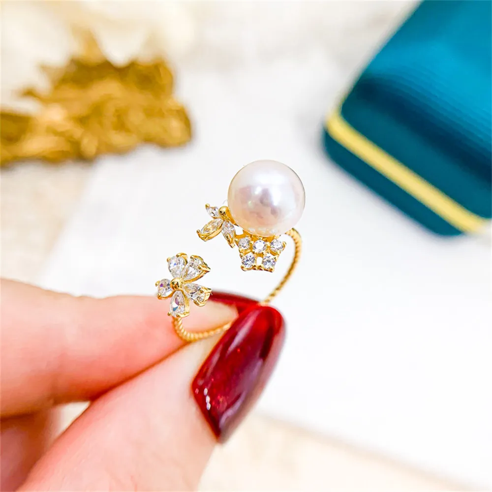 

DIY Pearl Accessories S925 Sterling Silver Ring Empty Holder Fashion Edition Ring Silver Jewelry Holder Women's 7-9mm Beads