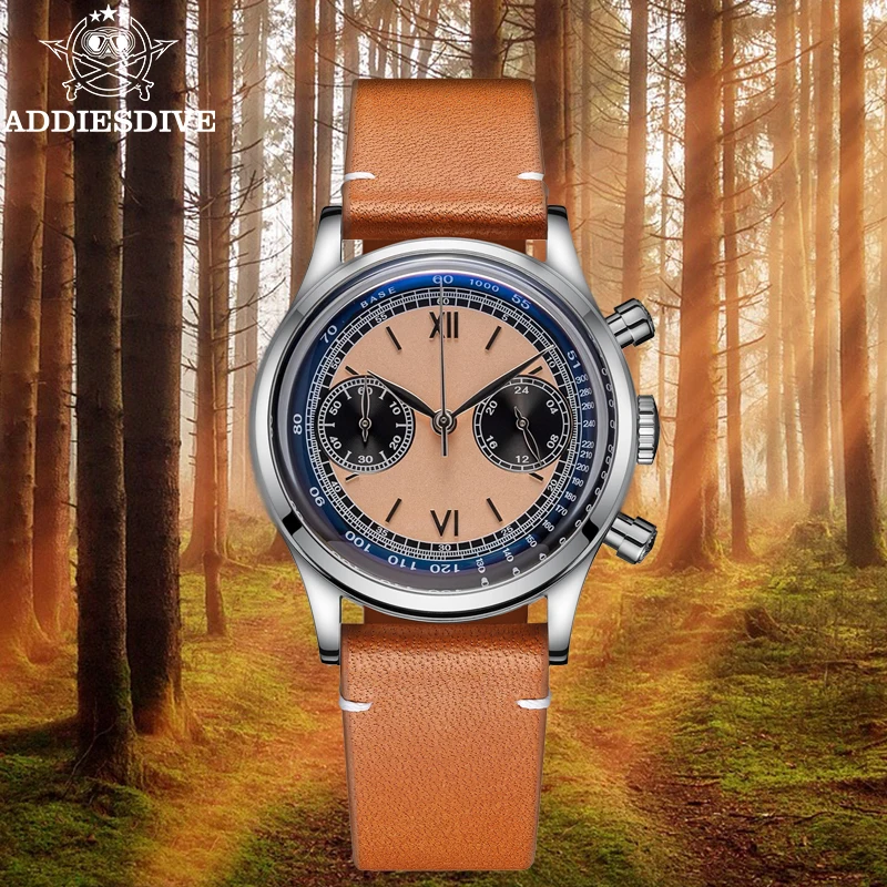 ADDIESDIVE Men watches Quartz Wristwatch Sport waterproof 100m Chronograph AR Coating VK64 Movement Retro Leather Watch New 4