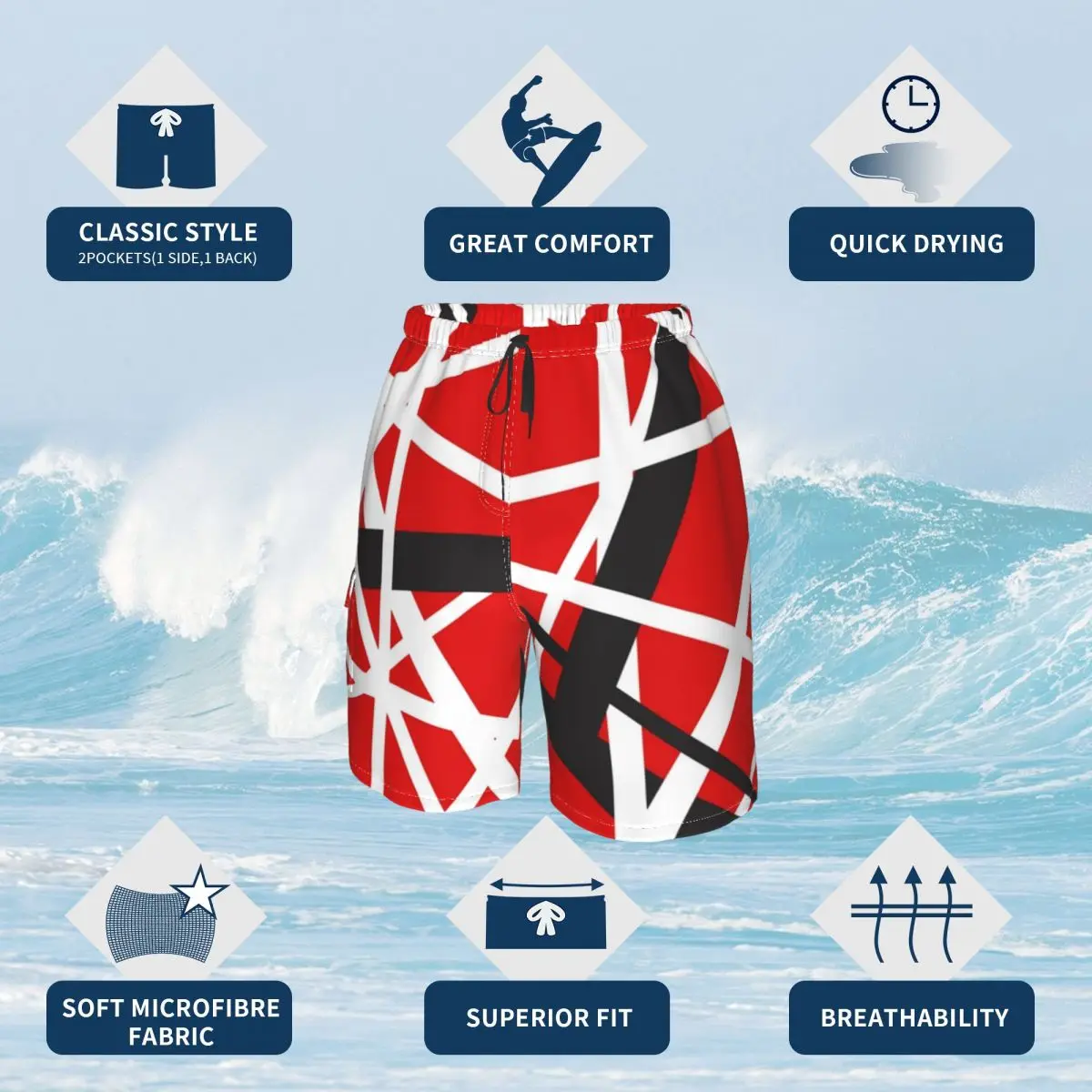 Van Halen Board Shorts EVH 5150 STRIPES Pattern Beach Shorts Males Printing Plus Size Swim Trunks Gift Idea