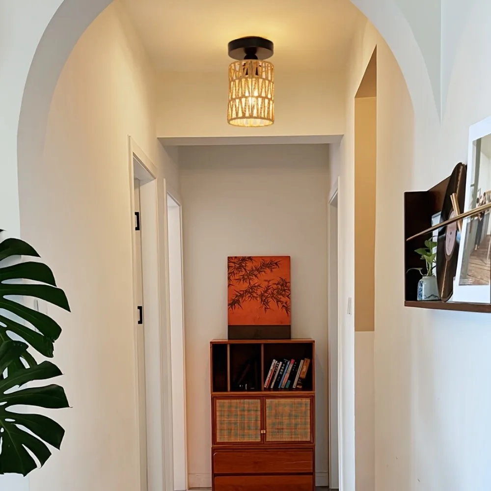 Rustic Hand-Woven Iron Ceiling Light - Warm Ambient Glow for Hallways  Living Rooms