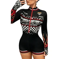 Women's Motorcycle Long Sleeve Romper Y2k Zipper Up Bodycon Jumpsuit Shorts Race Car Streetwear - Image 6