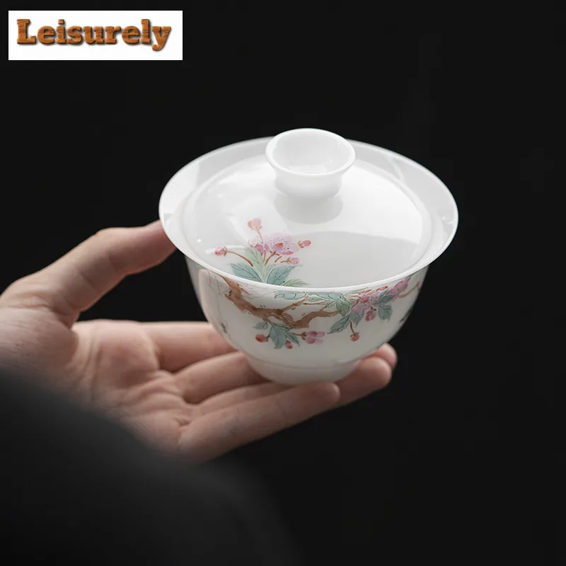 135ml White Jade Clay Gaiwan Ancient Hand-painted Flower Anti-scald Tea Tureen Tea Maker Cover Bowl Drinkware Supplies Ornaments