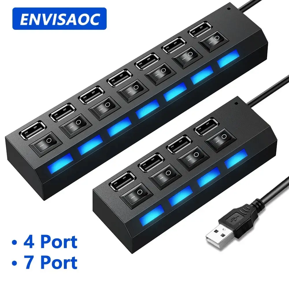 USB Hub Splitter 4/7 Port Individual Switch Adapter Hub Multi-Port Socket Powered ON/OFF
