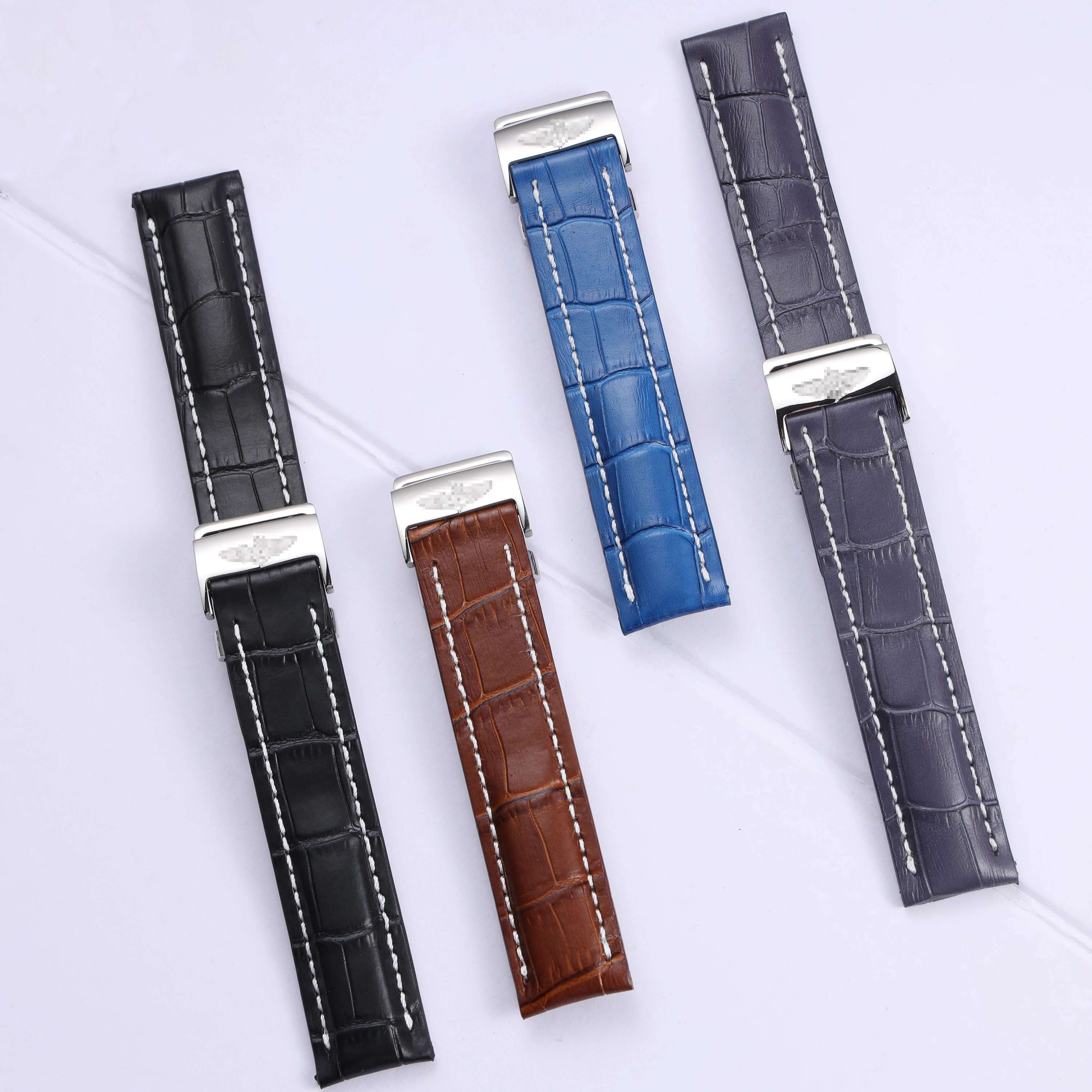 

20 22 24mm full wing logo buckle black blue brown genuine leather watchband for Breitling strap replacement deployment clasp
