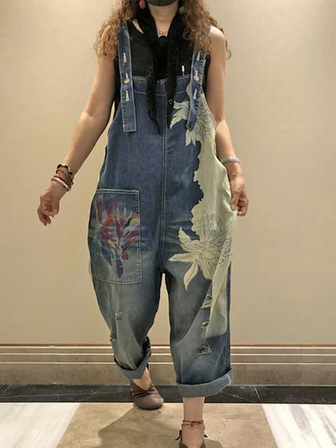 AmaxluluE 2025 femmes mode salopette dames été imprimé Denim Pantalons Vintage Jeans décontractés femmes ample Vintage Pantalon 5