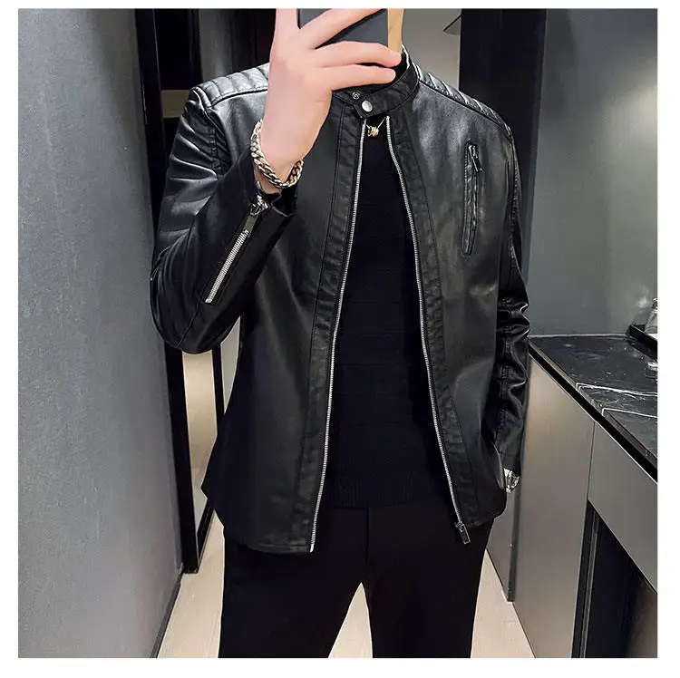chouyatou Mens Vintage Stand Collar Pu Leather Jacket (XX-Large