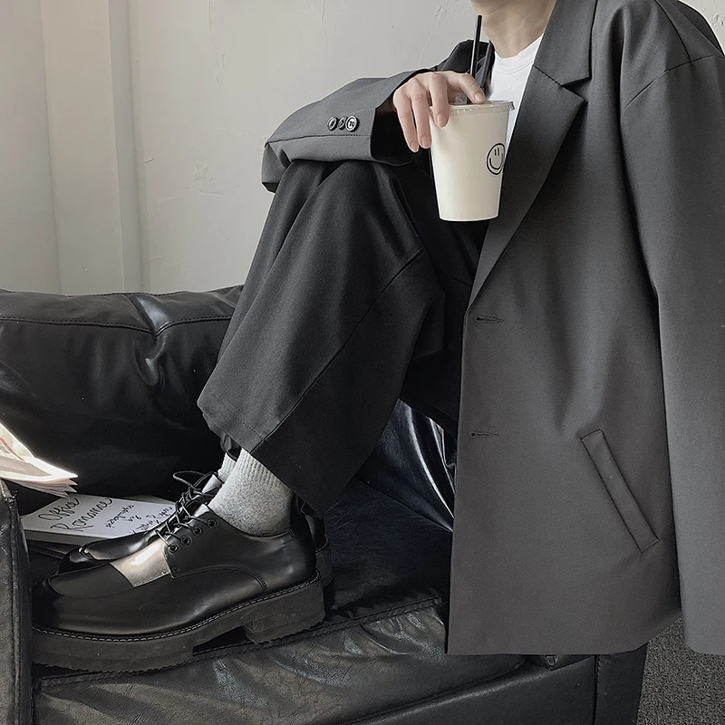 남성용 캐주얼 단색 루즈 긴팔 정장 재킷, 남성용 스트리트웨어, 데일리 아우터, 가을 정장 상의, 시크한 블레이저