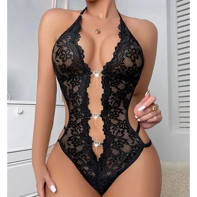 Women Crotchless Underwear Sexy Bodysuit Lingerie Babydoll Perspective Lace Sex Suit Deep V Erotic Costumes