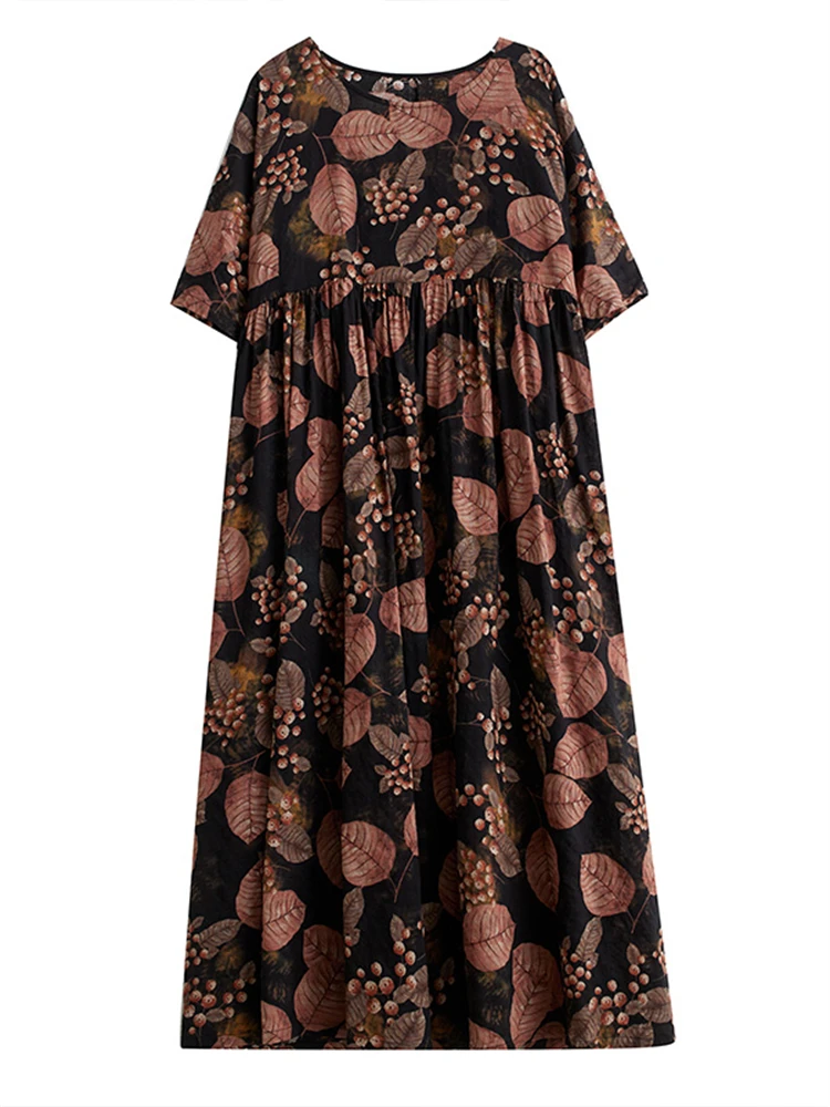 2025 New Summer Cotton Vintage Casual Loose Print Dresses For Women Short Sleeve Dress Femme Robe Vestidos Elegant Long Clothing