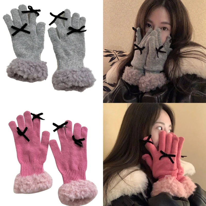 

652F Adult Knit Gloves Full Finger Mitten Stretchy Glove with Small Bowknot Decor