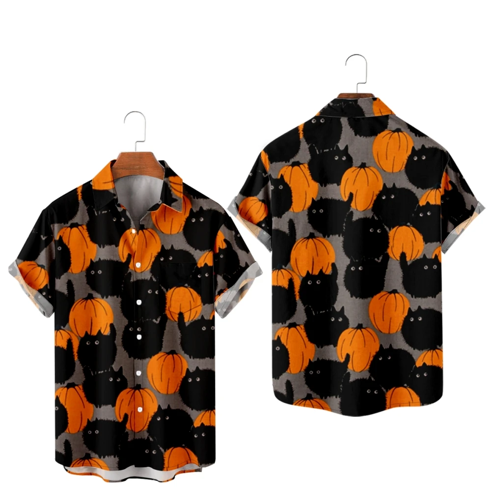 Halloween Shirts for Men Pumpkin And Ghost Patchwork Design Shirts Short Sleeve Summer Beach Vacation Tops Breathable