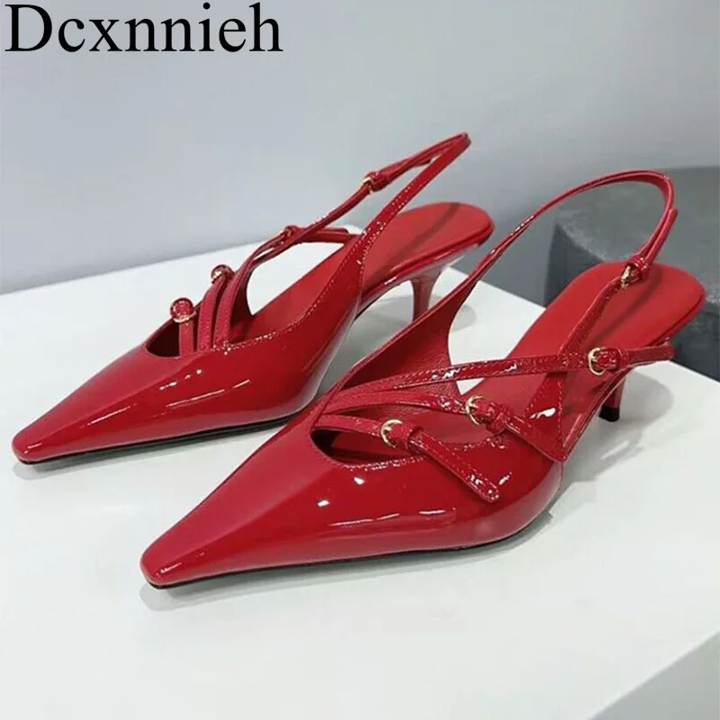 

Pointed Toe Closed Toe Genuine Leather Sandals Women's Belt buckle Design Solide Colors Low Heel Sandalias Summer Dress Shoes