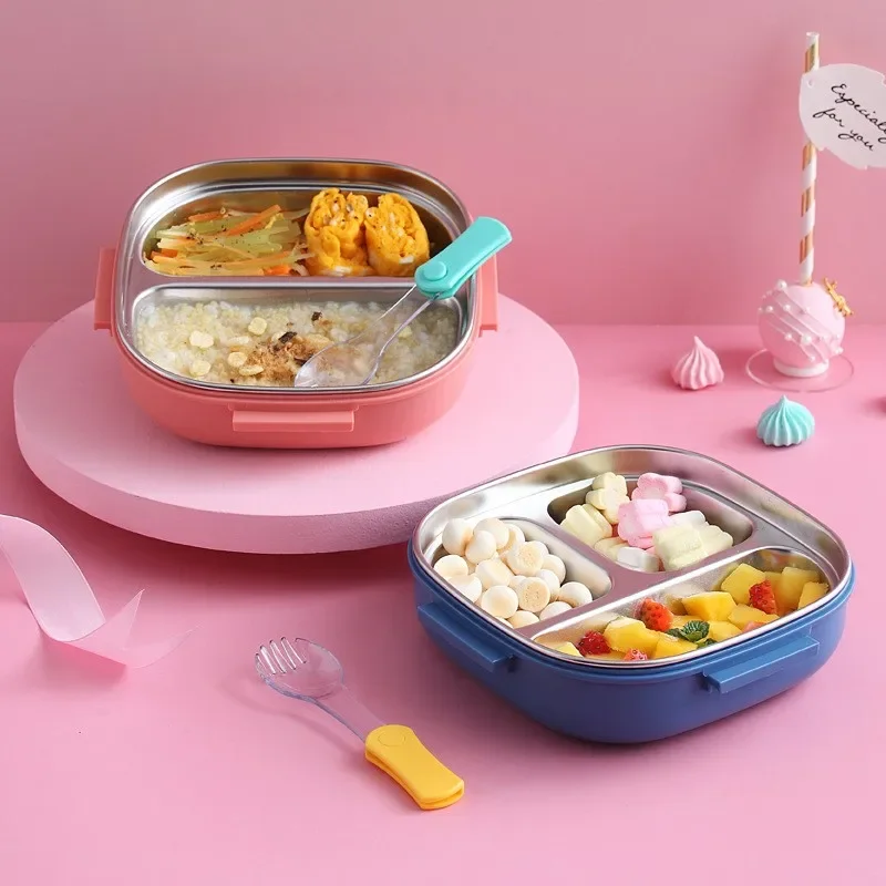 550ML Kids Baby Snacks Container Outdoor Picnic Stainless Steel Lid Bento With Compartment Travel Leakproof Lunch Box School