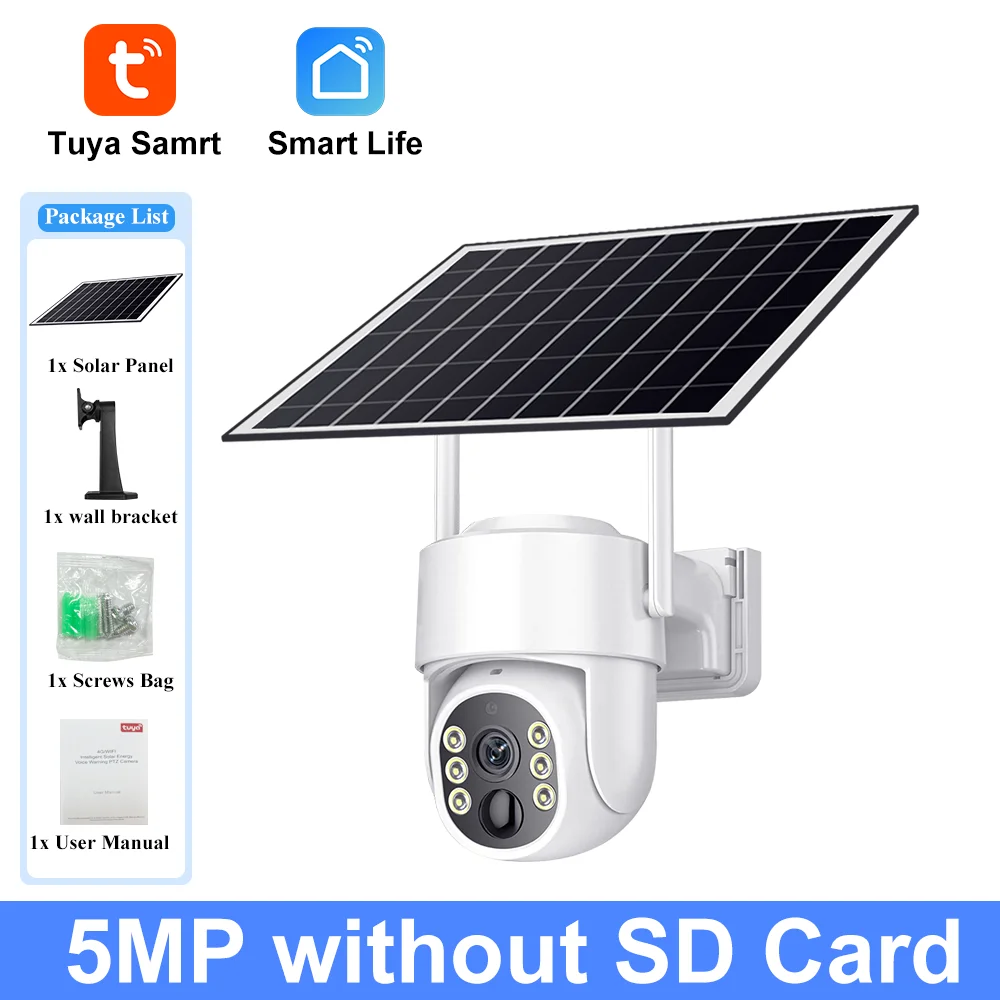 מצלמת סולארית Tuya 5MP עם Wifi, פאנלים סולאריים, ראיית לילה בצבע, זיהוי תנועה IR, מצלמת IP חיצונית עמידה למים