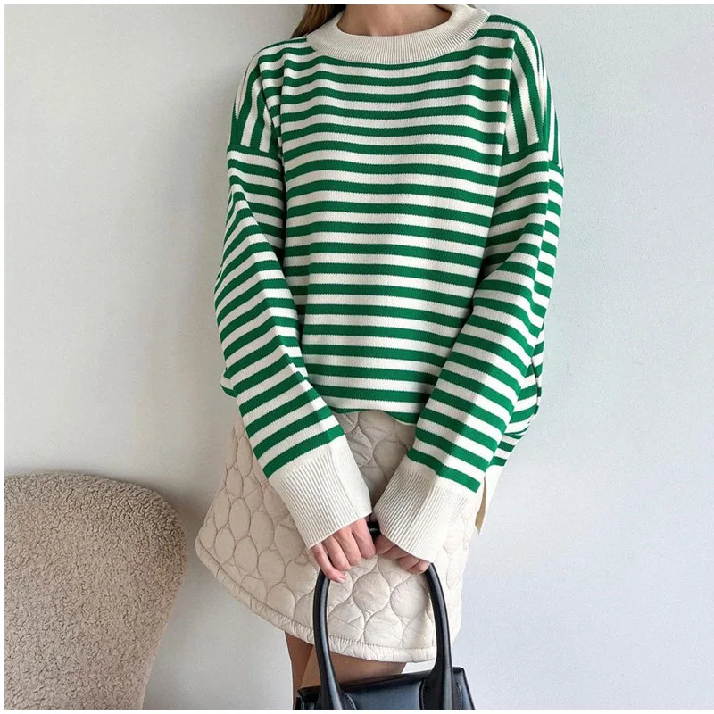 O Neck Vintage Striped Sweater Pullovers For Women Casual Loose Long Sleeves Jumpers Autumn Female Drop Shoulder Kintting Tops sweater for women