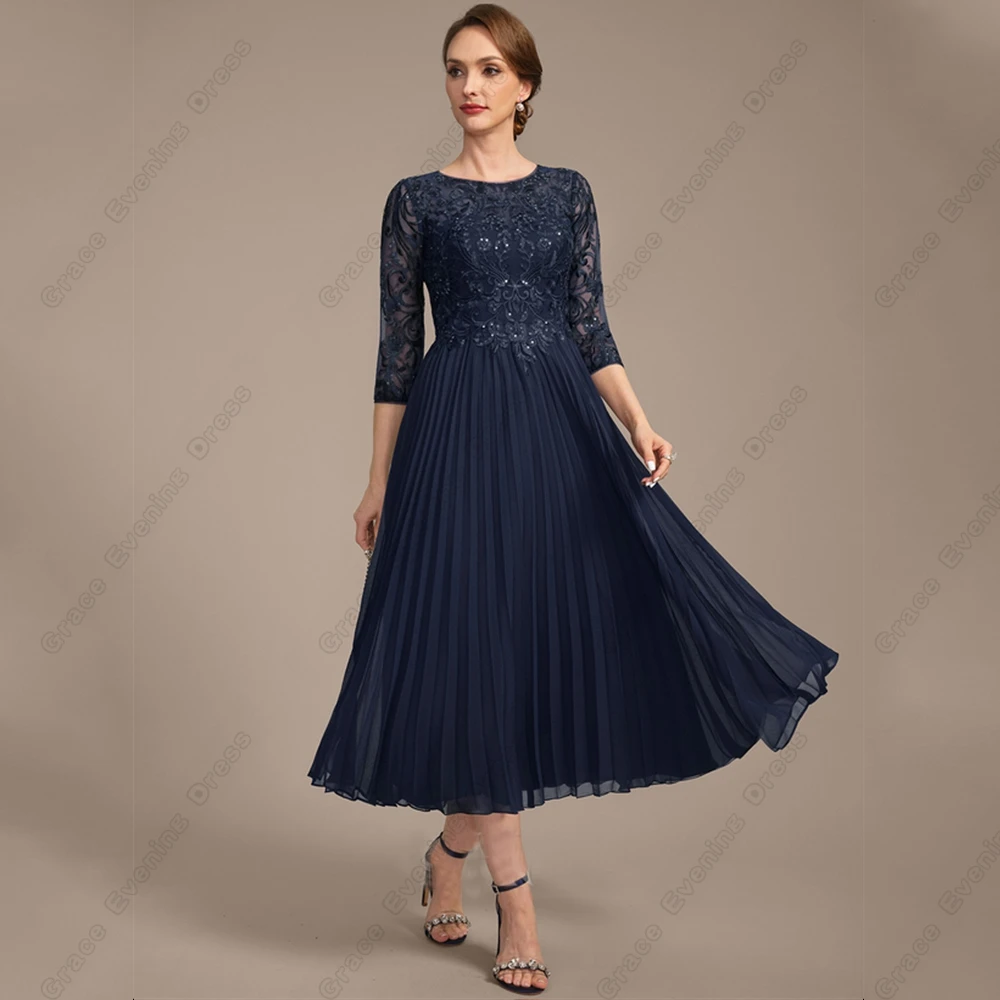 

Scoop Navy Blue Mother of Bride Dresses for Women 2024 Summer Three Quarter Wedding Party Dresses with Lace Chiffon Robe De