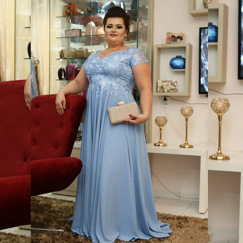 Sky Blue Long Mother of the Bride Dress Plus Size Short Sleeve Formal Occasion Evening Gowns Lace Chiffon Morther Dress of Groom
