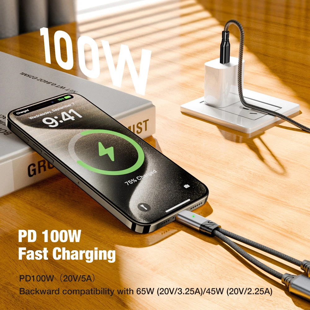 USB 타입 C to 2 여성용 C Y 스플리터 케이블 아이폰 15 16 17 삼성폰 PD 100W 고속 충전 오디오 데이터 충전기 3 in 1 코드