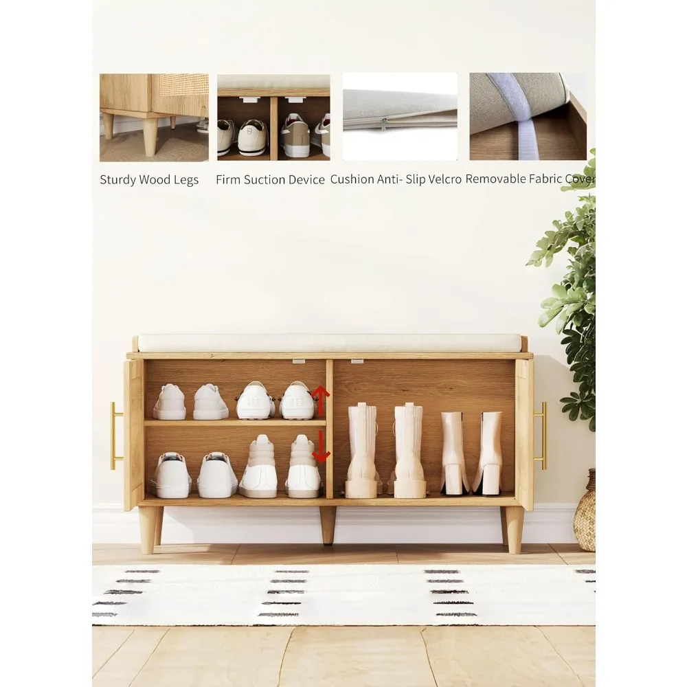 Rattan Shoe Storage Bench with Cushion, Adjustable Shelves, 2 Doors for Entryway, Living Room