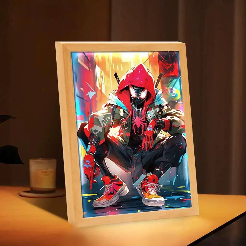Marvel Spiderman Painting Light Spider Man Attraverso The Spider-Verse Universe Tabletop Light Painting Picture Frame Lamp Decor