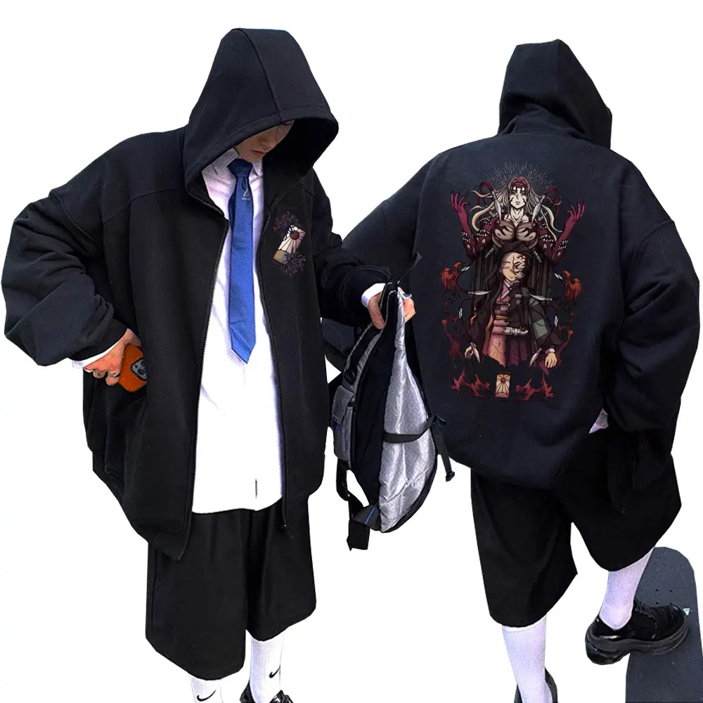 

New Men Women Anime Demon Slayer Kibutsuji Muzan and Nezuko and Kamado Tanjirou Zipper Hoodie Blue Spider Lily Zip Up Sweatshirt