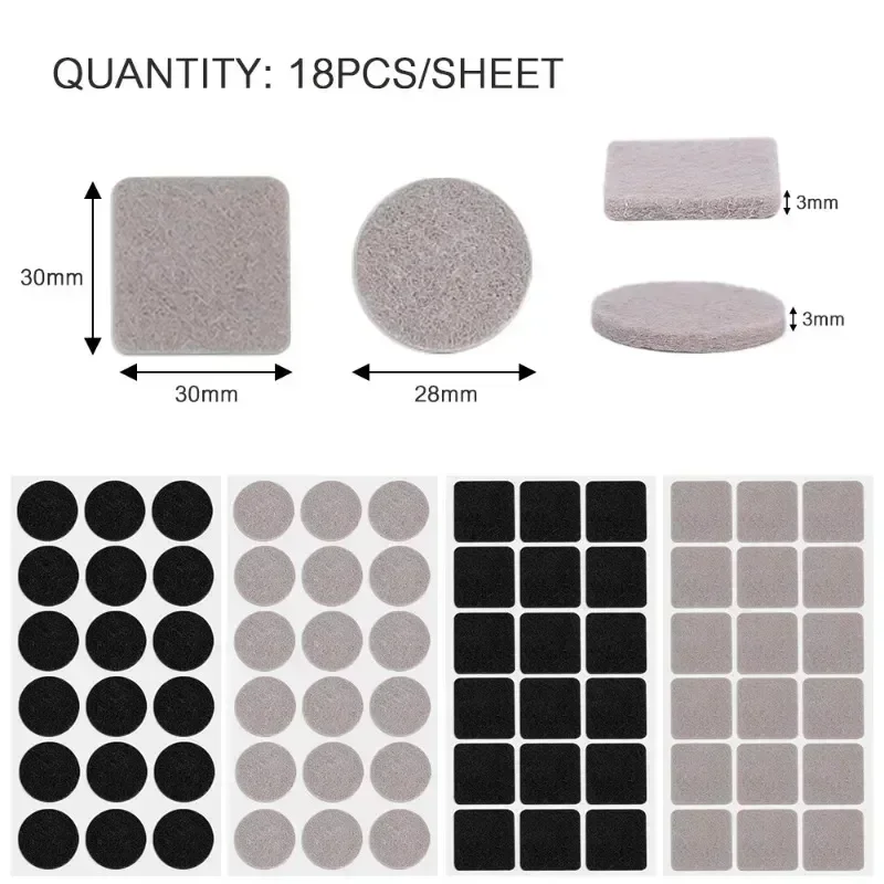 180/18Pcs Felt Pad Sticker Self Adhesive Desk Chair Sofa Legs Pads Square Round Bottom Furniture Table Legs Anti Scratch Cover