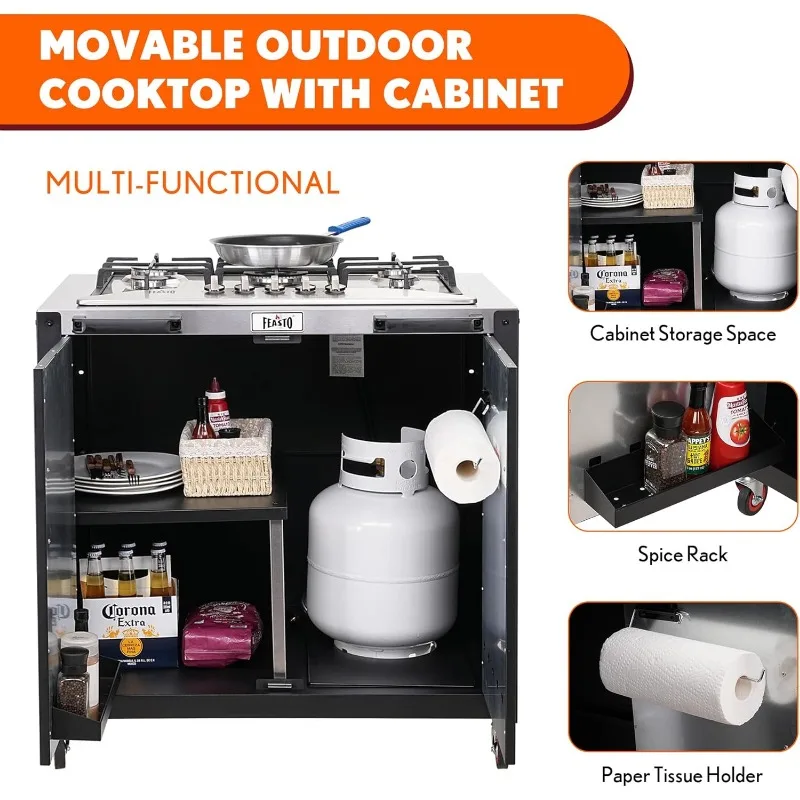 Gas Grill, Movable Outdoor Gas Stove Stainless Steel Top with Cabinet, 5 Burners with 36,200 BTUs 5