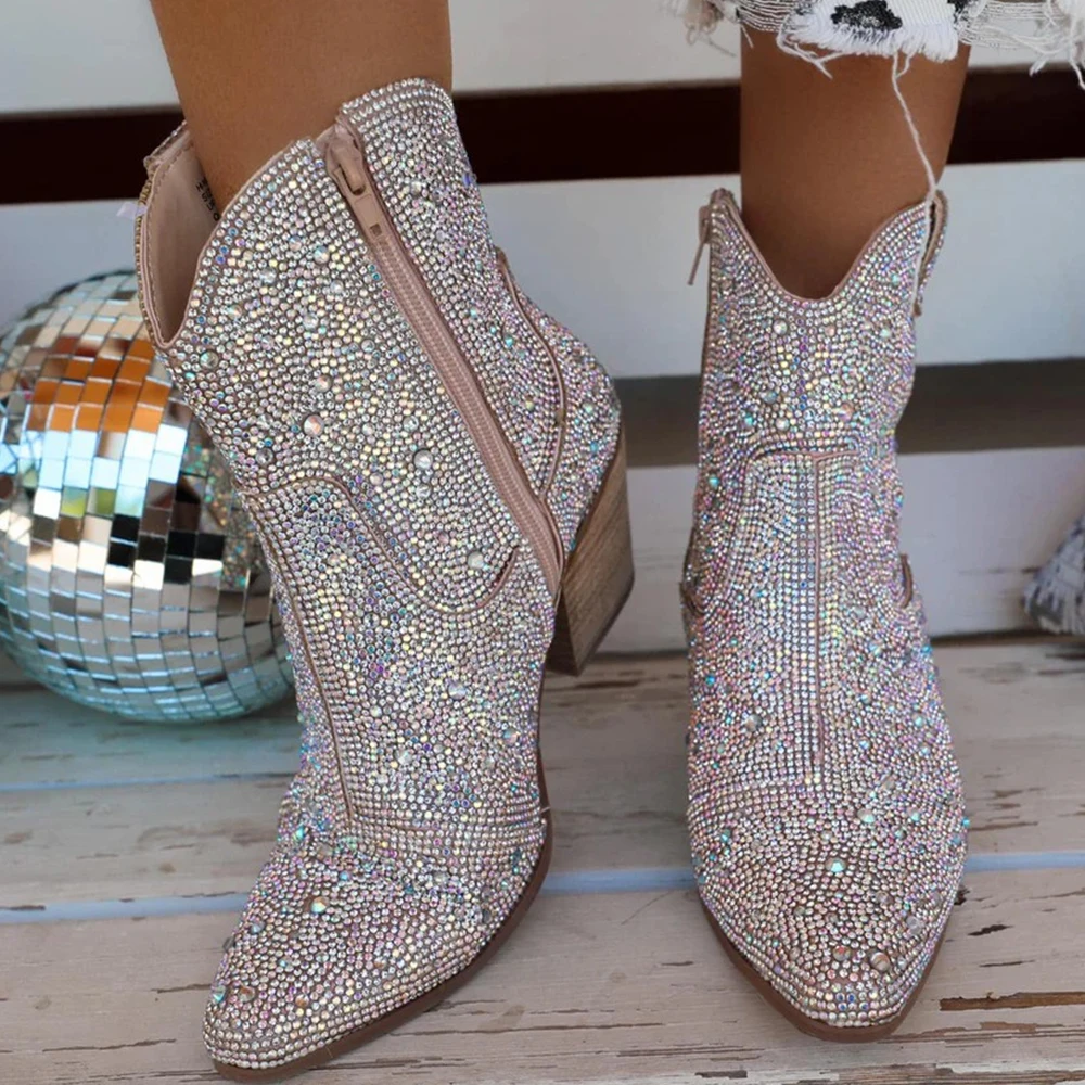 

Women Harlow Rhinestone Ankle Boots Mid Heel Pull On Pointed Toe Casual Chunky Heel Western Cowboy Booties Glitter Shoes