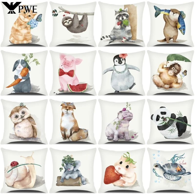 

Cute Animals Pillow Cover Cartoon Cat Gog Rabbit Elephant Hippo Snail Raccoon Printed Throw Pillow Case Sofa Decor Cushion Cover