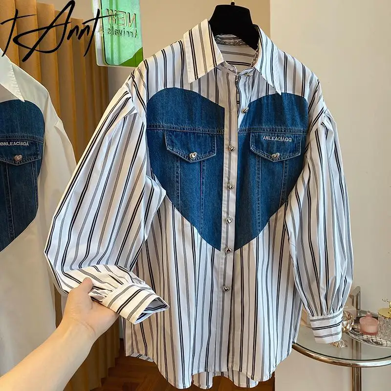 

Tannt Women Shirt Denim Patchwork Long Sleeves Stripes Blouses Tops Fashion Loose Casual Cotton Shirts Blouses For Women 2023