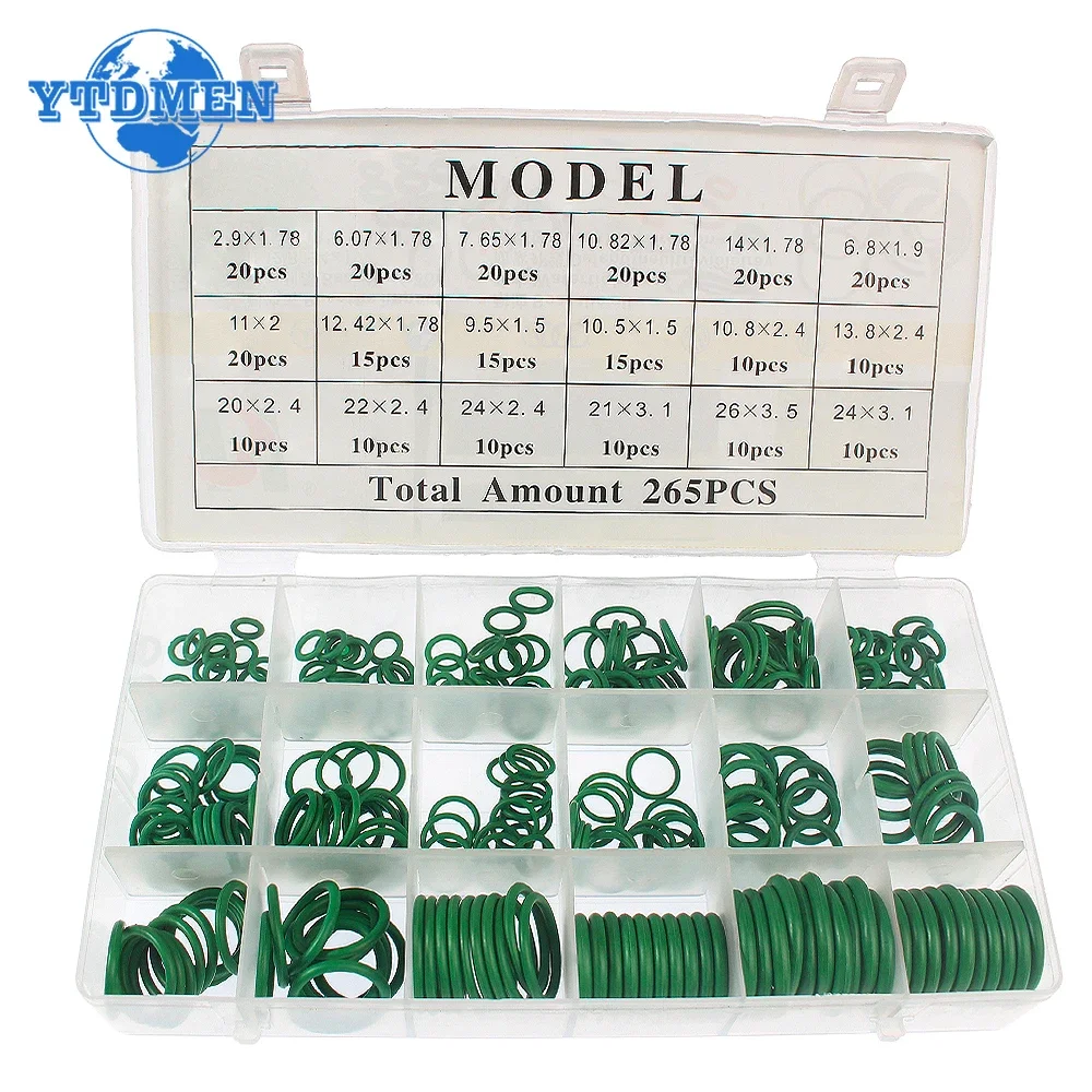 O-Ring Repair Kit 18 Types Durable Green Rubber Sealing Rings for Automotive Air Conditioning Compressor Complete 265pcs/270pcs