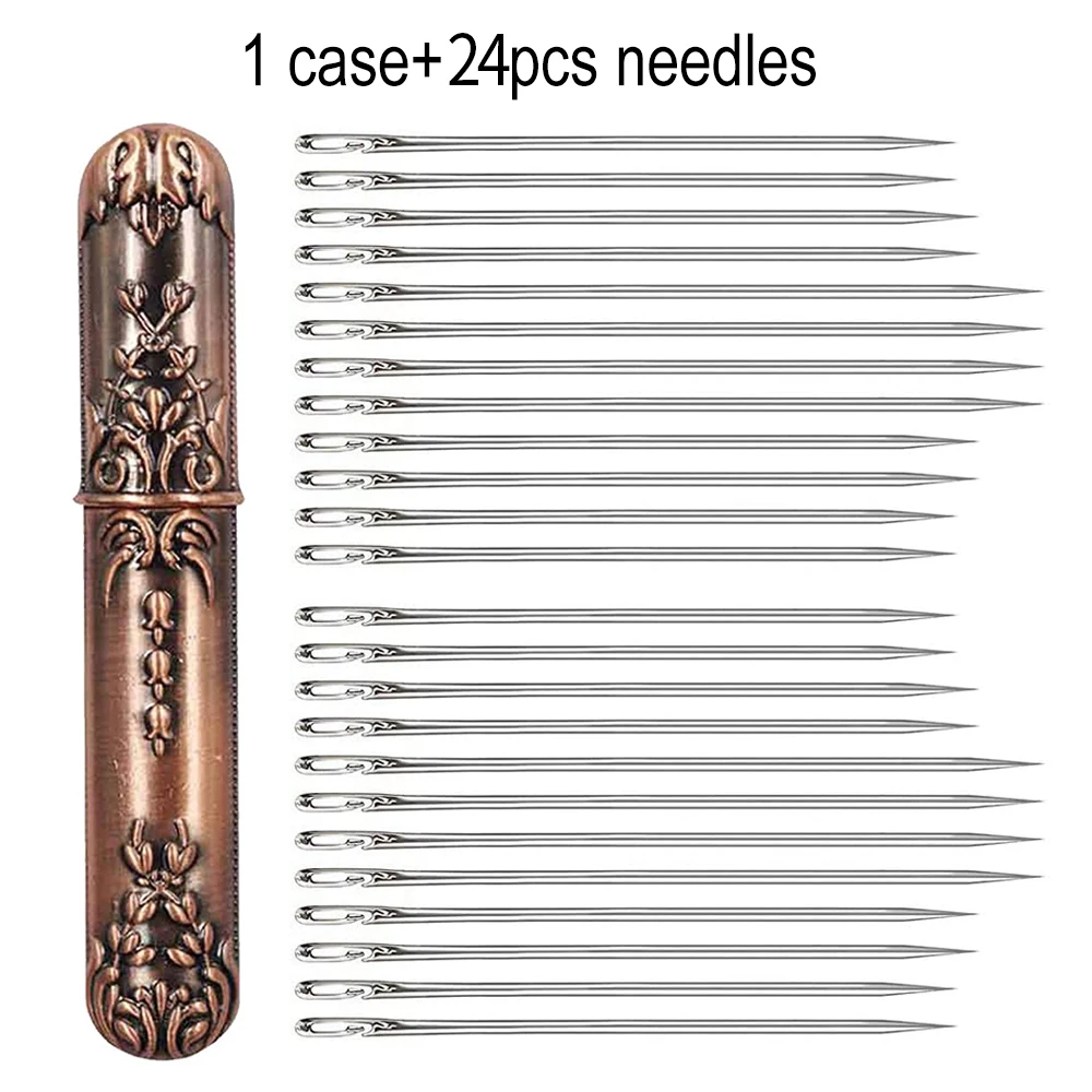  24 PCS Self Threading Needles, Big Eye Hand Sewing Needles  Embroidery Needle for DIY Craft with Vintage Sewing Needles Holder Storage  Case