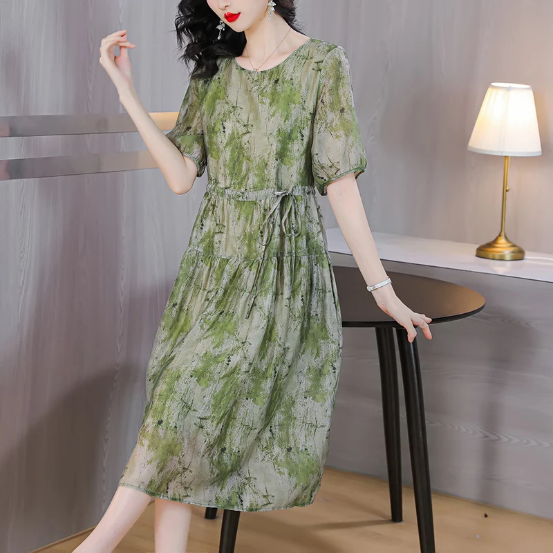 

2023 New Fashion Silk Printed Dress Women's Summer Elegant Silk Round Neck Short Sleeve Loose Fit Casual Holiday Dress Vestidos