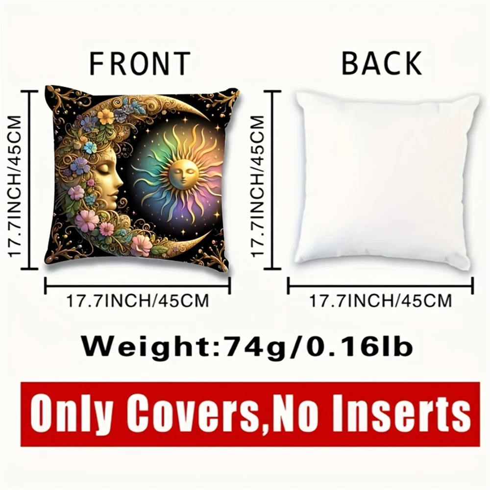 A Bohemian style pillowcase inspired by the celestial sun and moon, made of short velvet fabric, measuring 17.7x17.7 inches, wit 4