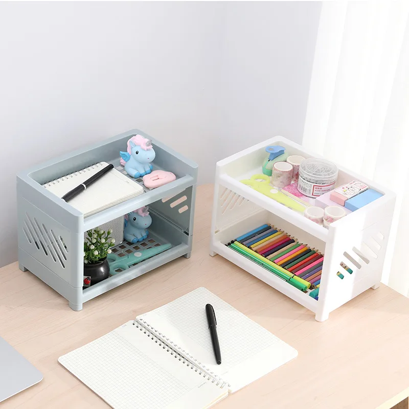2 Layer Kawaii Minimalist Desk Desktop Organizer Storage Rack Student Dormitory Hollow Shelf Skin Care Storage Shelf New Cute