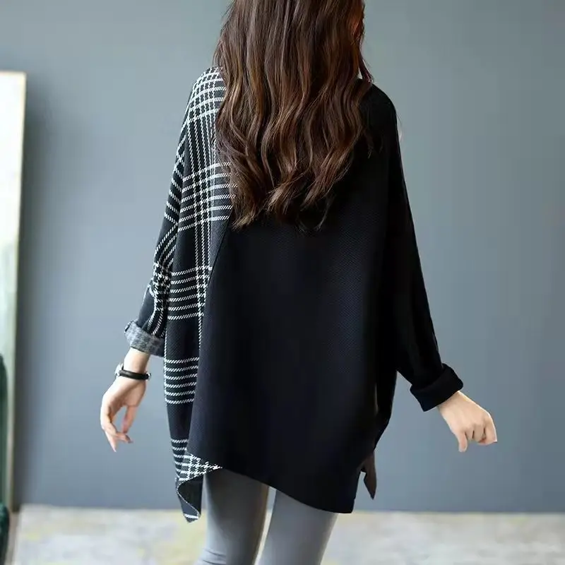 Fashion Korean Irregular Spliced Female Clothing Sweaters Spring Autumn New Casual Plaid Loose Half High Collar Knitted Jumpers