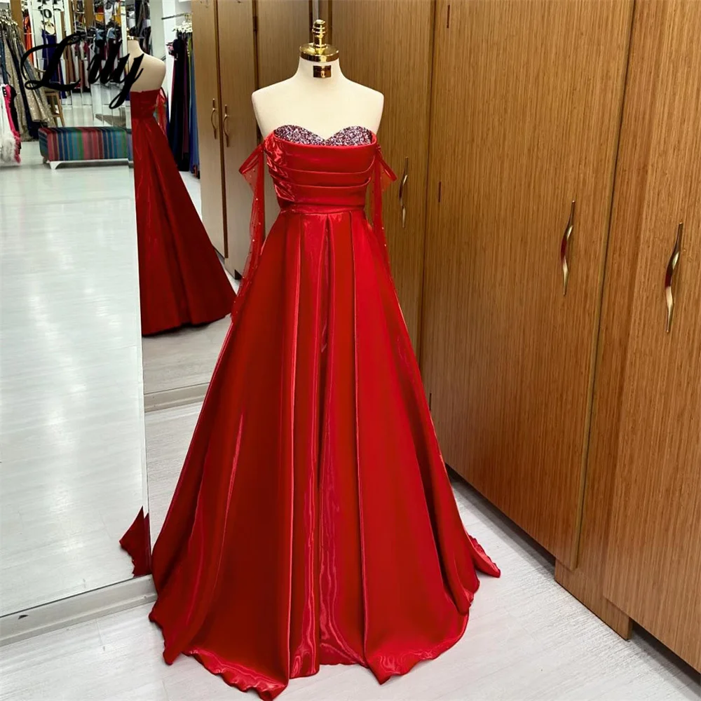 

Lily Red Off the Shoulder Chic Woman Evening Dress Gown Stain A Line Ball Gown Beading Night Dresses Gown Custom robes de soirée