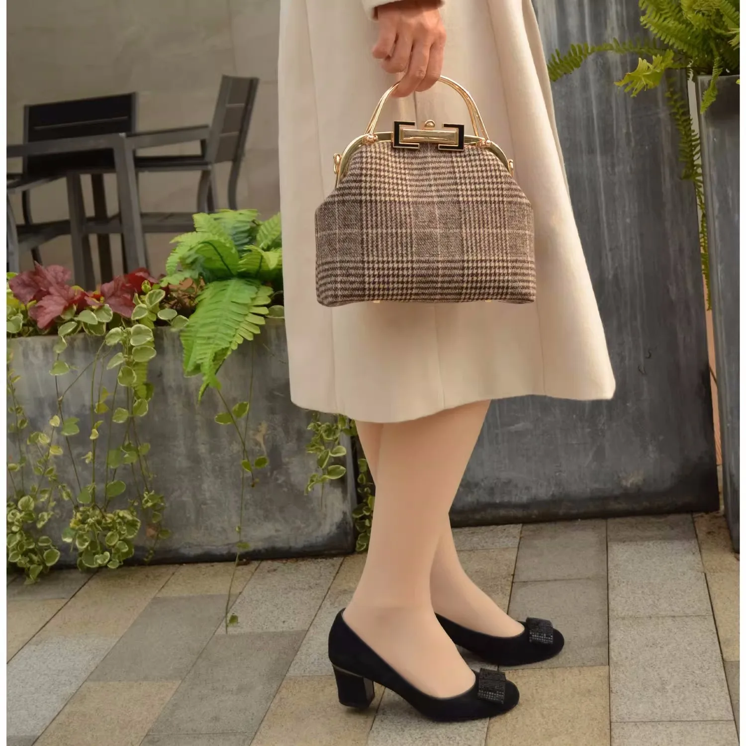 Shell Lock Bag Vintage Plaid Women Handbags Purses Chain Handmade