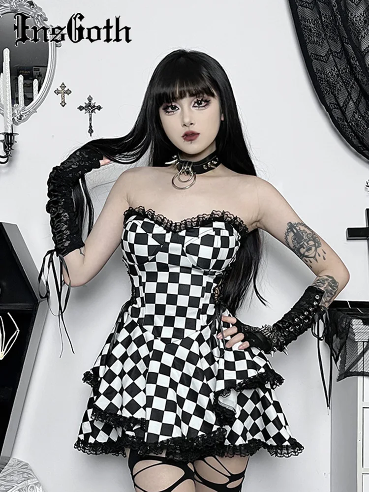 

InsGoth Gothic Cut Out Straples Tube Top Bodycon Dress Women's Vintage Ruched Sleeveless Lace Trim A Line Hem Corset Dresses