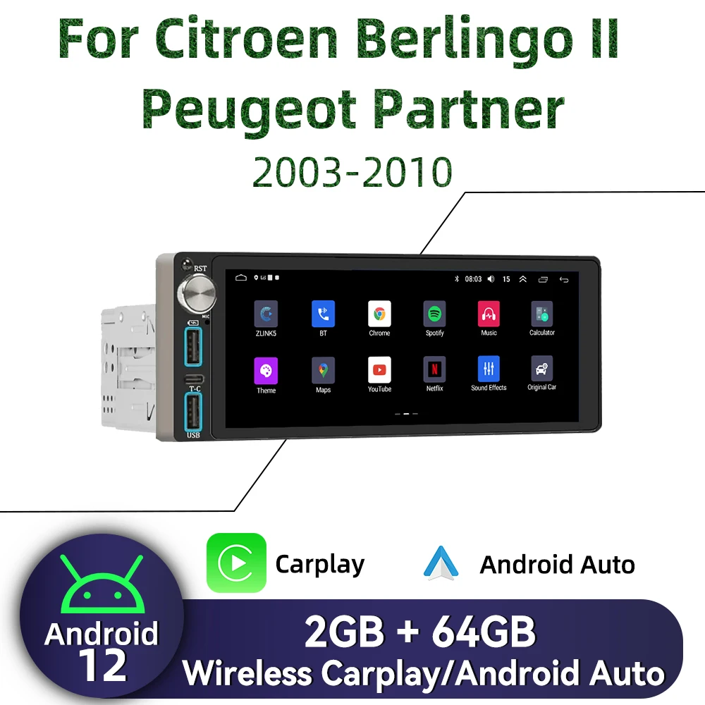 

Carplay 6.86" Screen Multimedia 1Din Android Car Radio for Citroen Berlingo II Peugeot Partner 2003-2010 Head Unit Autoradio GPS