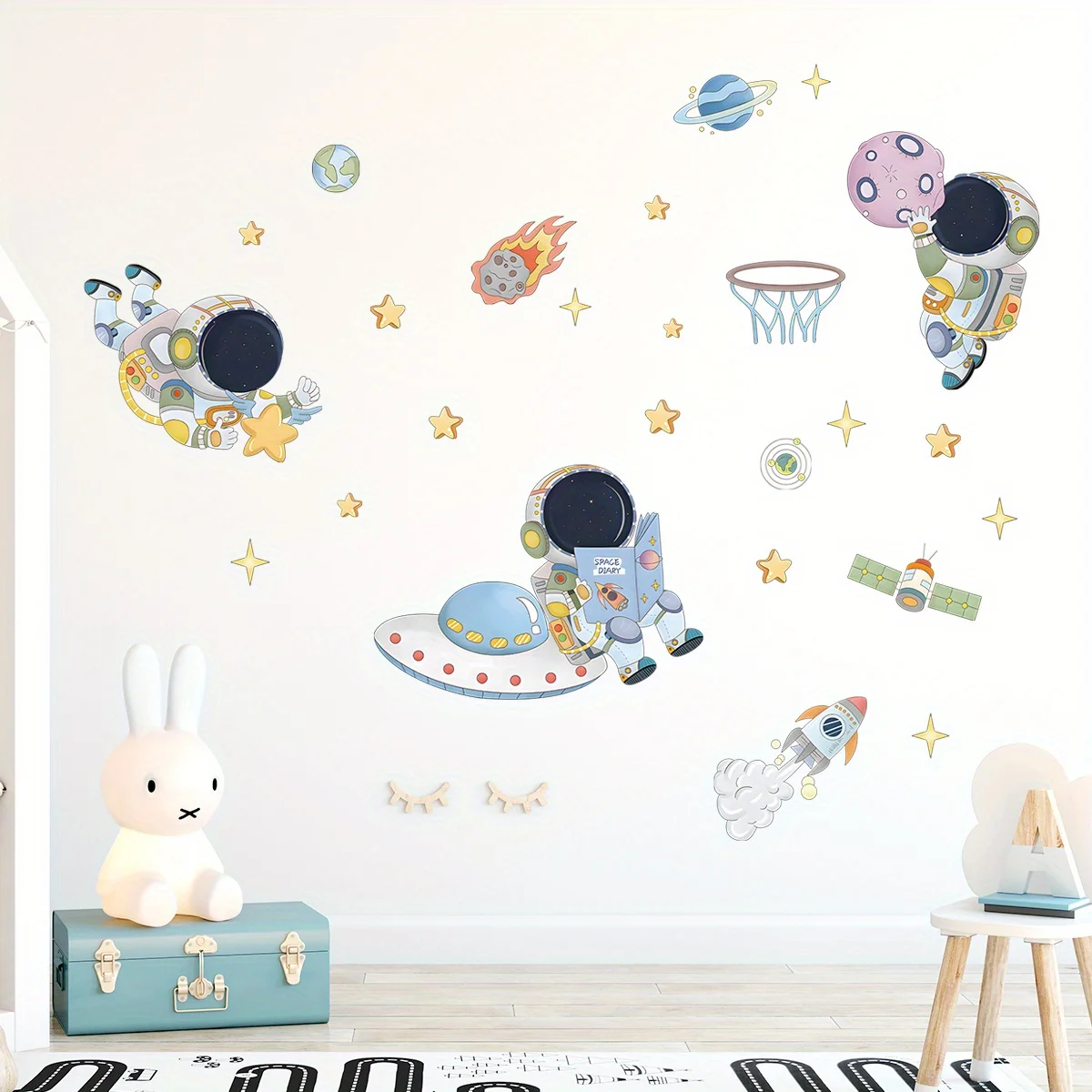 Cartoon Cute Astronaut Planet Rocket Star Space Wall Stickers Removable for Bedroom Living Room Nursery Decoration Wall Decal